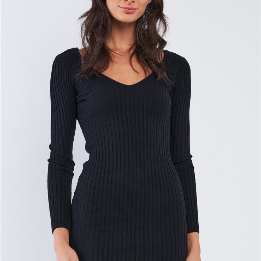 Melbourne Ribbed V Neck Mini Dress (Black) - Picture 3 of 6